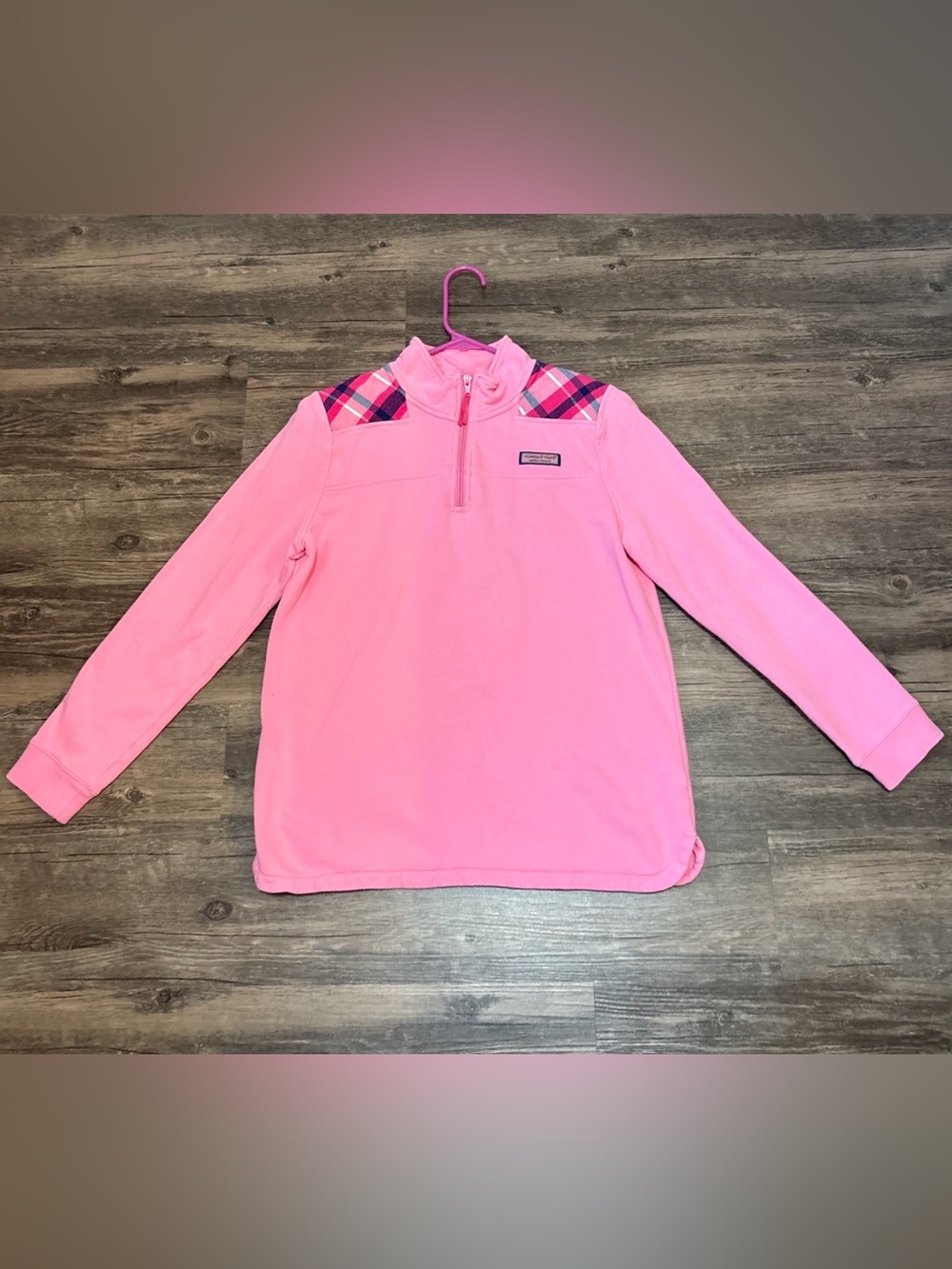 Vineyard Vines Girls Pink Pullover Sweatshirt with Plaid Shoulders